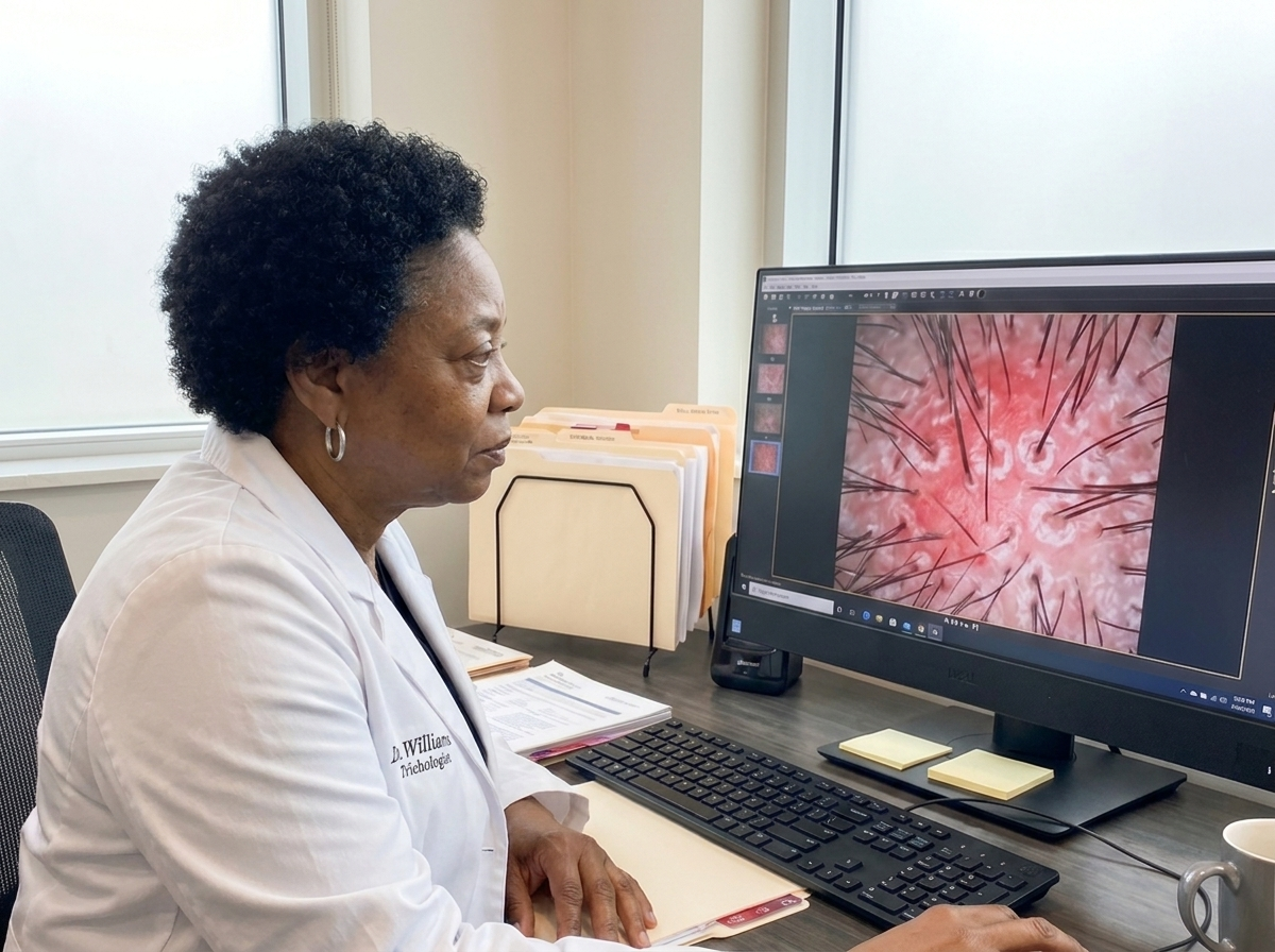 Dr. Williams reviewing a magnified scalp scope image showing inflamed follicles