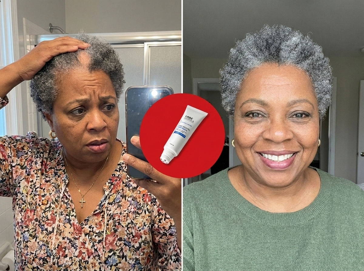 Before and after: thinning crown to restored fuller hair