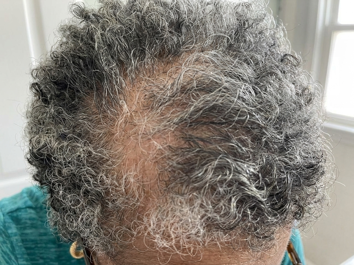 Close-up of a thinning crown with visible scalp through curly gray hair