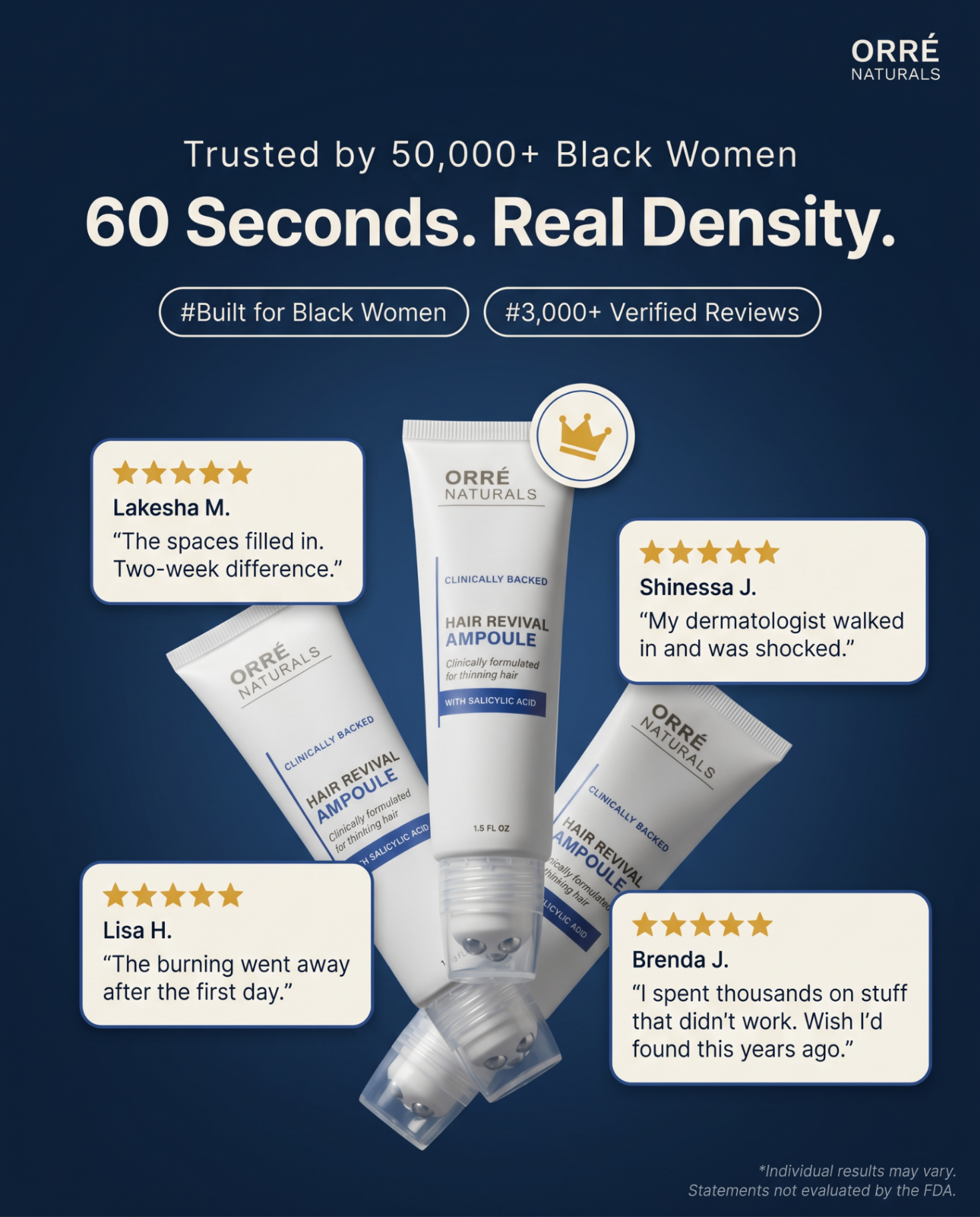Trusted by 50,000+ Black Women — 60 Seconds. Real Density. Five-star reviews for OrréNaturals Hair Revival Ampoule.