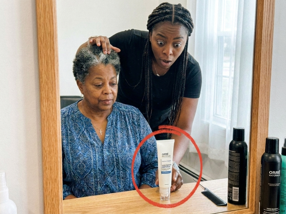 Stylist showing client new baby hairs growing in at the crown